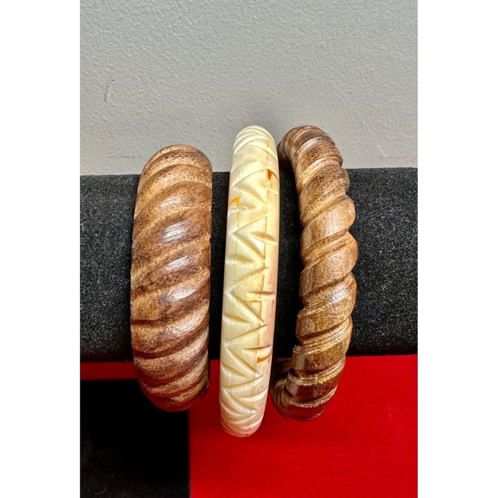 Vintage Carved Wood Resin Bangle Bracelets Lot Stackable Boho Chunky Set 3